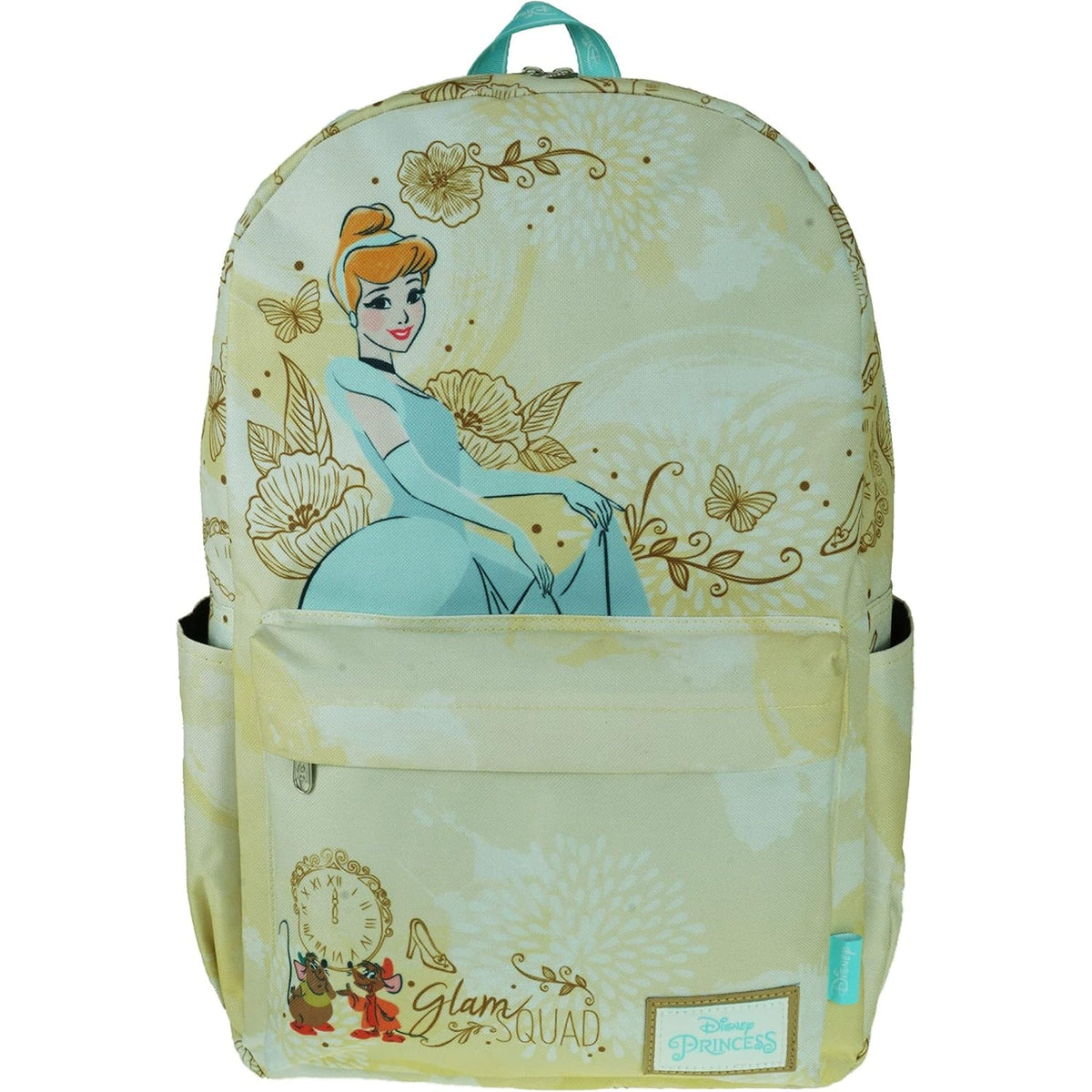 Mint green junior backpack with all-over Cinderella illustration and gold script