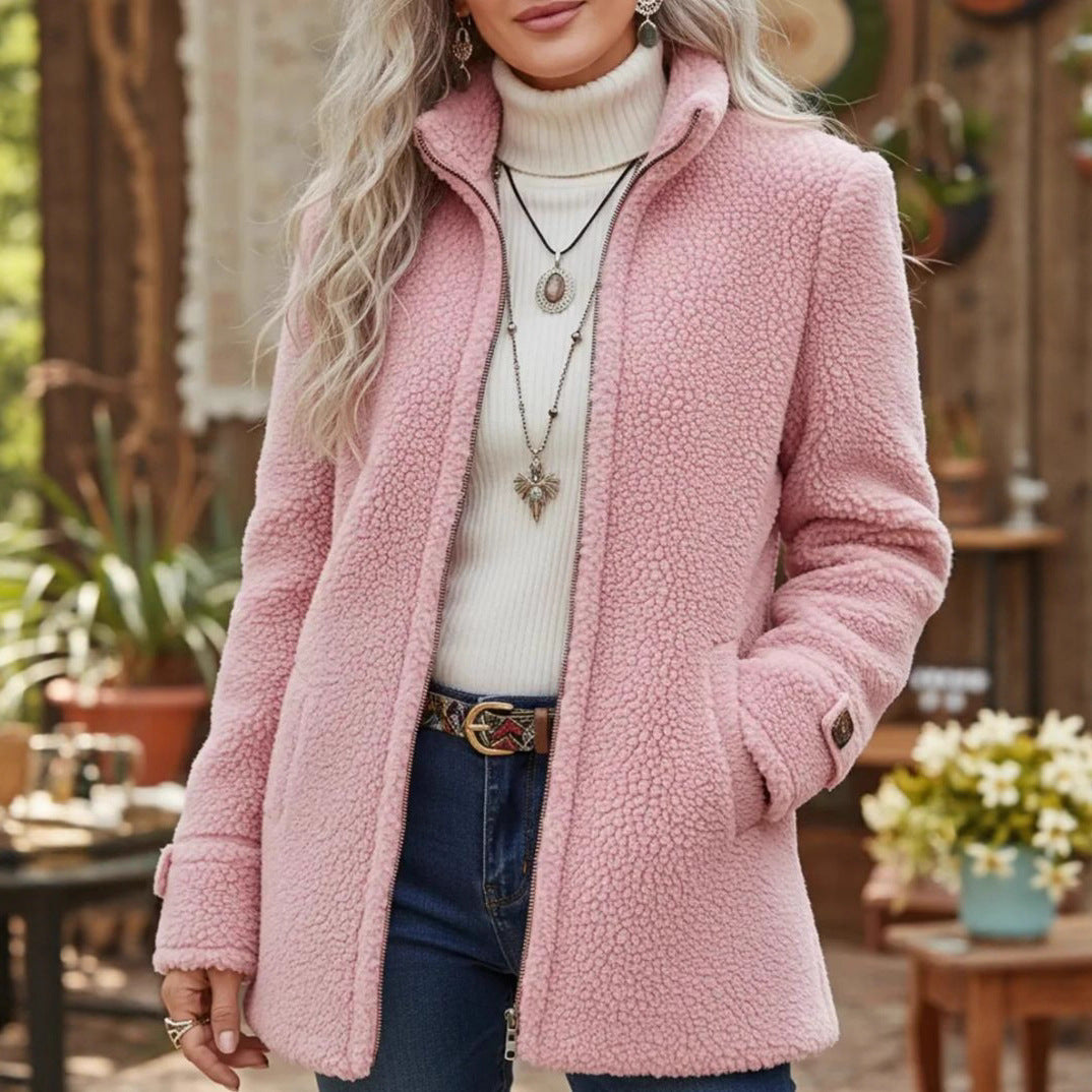 Women's pink fleece zip-up jacket with stand collar, long sleeves
