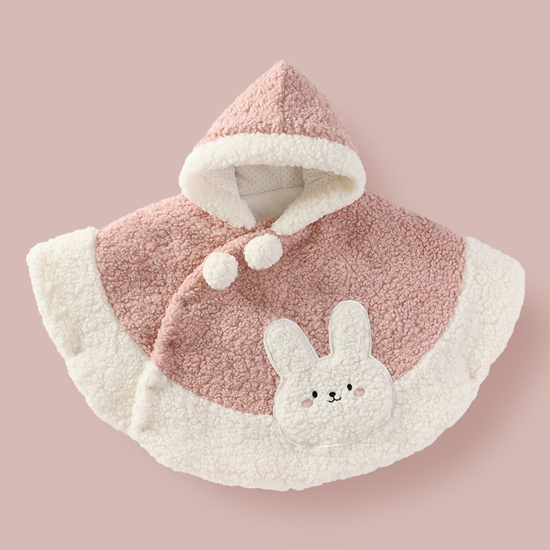Pink and cream hooded plush cape with bunny applique and pom-pom details