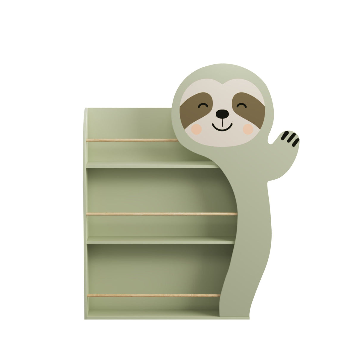 Sage green 3-tier toddler book display rack with sloth character front