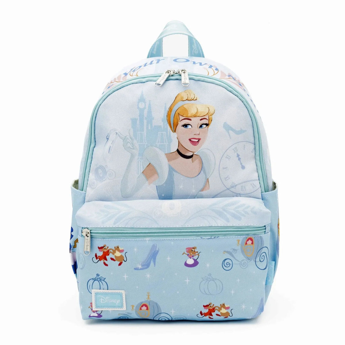Light blue junior daypack backpack with Cinderella graphic and front zip pocket
