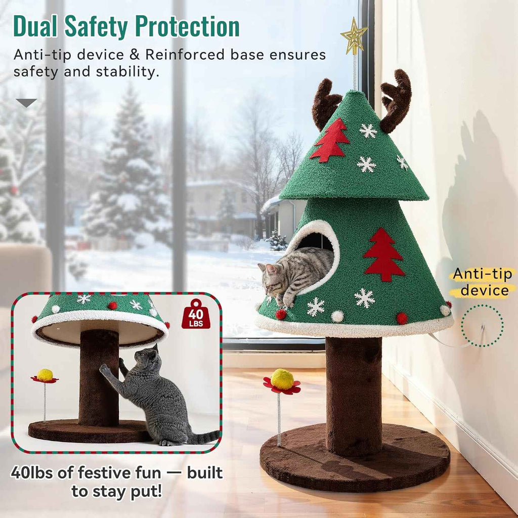 Christmas cat tree with a reinforced round base, tree-shaped cat bed and plush antlers