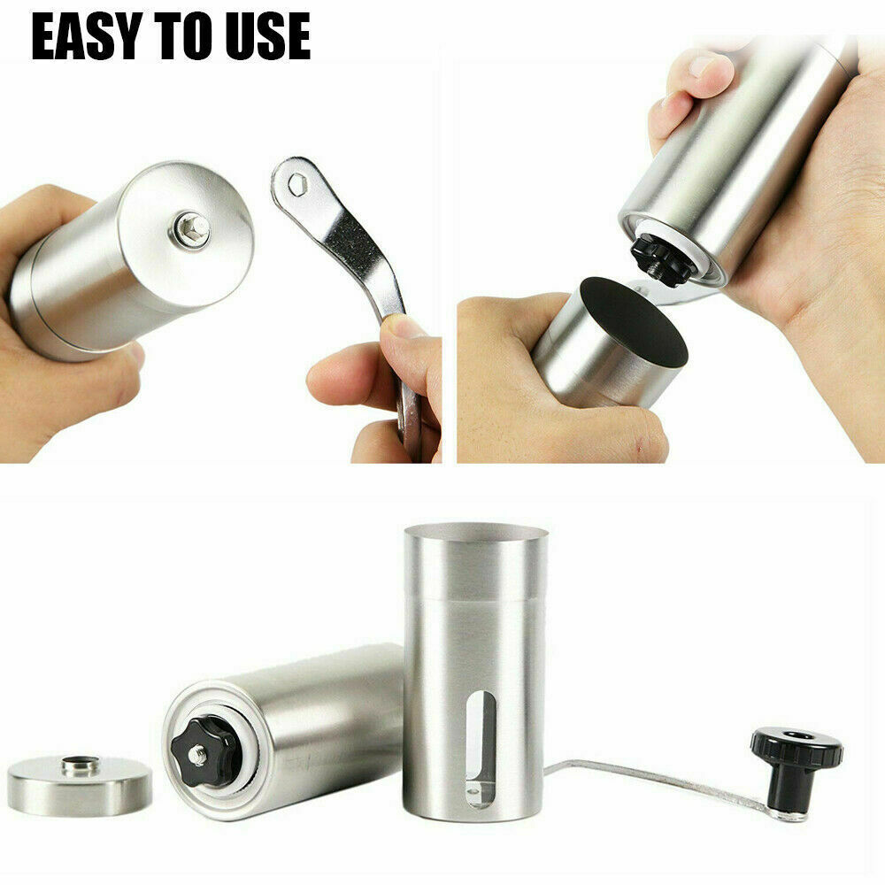 Stainless steel manual coffee grinder with crank handle and detachable top knob