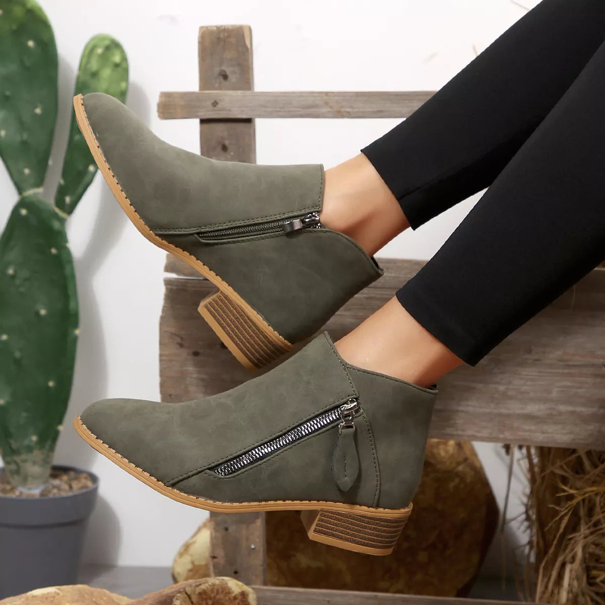 Olive-gray suede ankle boots with side zipper and block heel