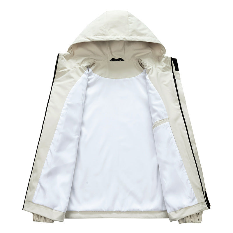 Light khaki hooded waterproof jacket, front view with hood lining and zip closure
