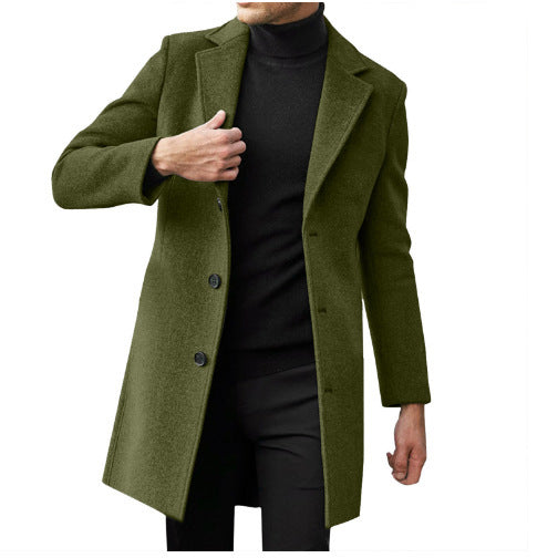Men's mid-length long-sleeve wool coat, olive green with button front and notched lapels