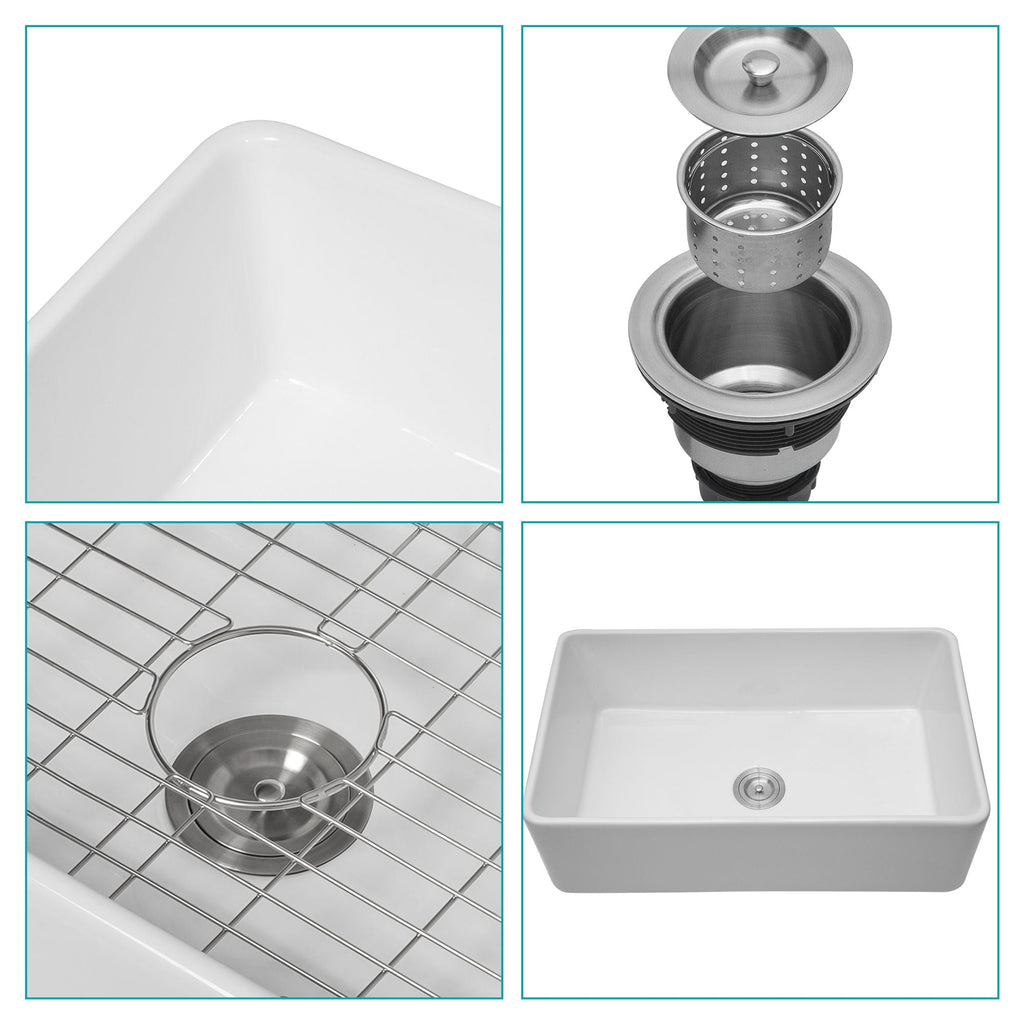 White single-bowl ceramic kitchen sink with stainless drain strainer and grid rack