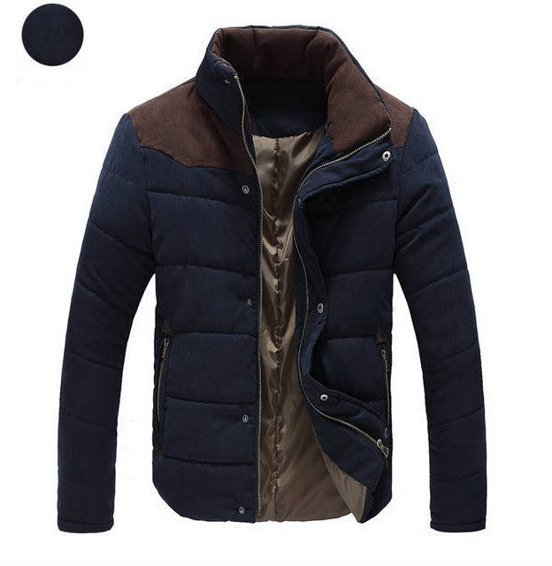 Navy padded parka jacket with hood and front zipper, interior pocket detail