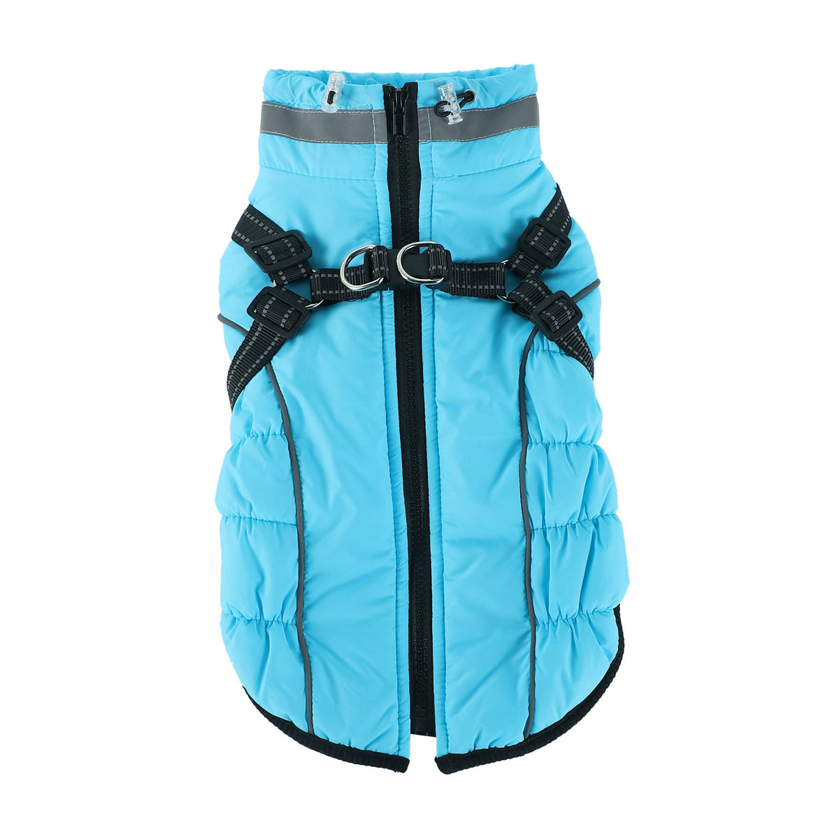 Front view fleece-lined waterproof dog coat, light blue with reflective harness straps