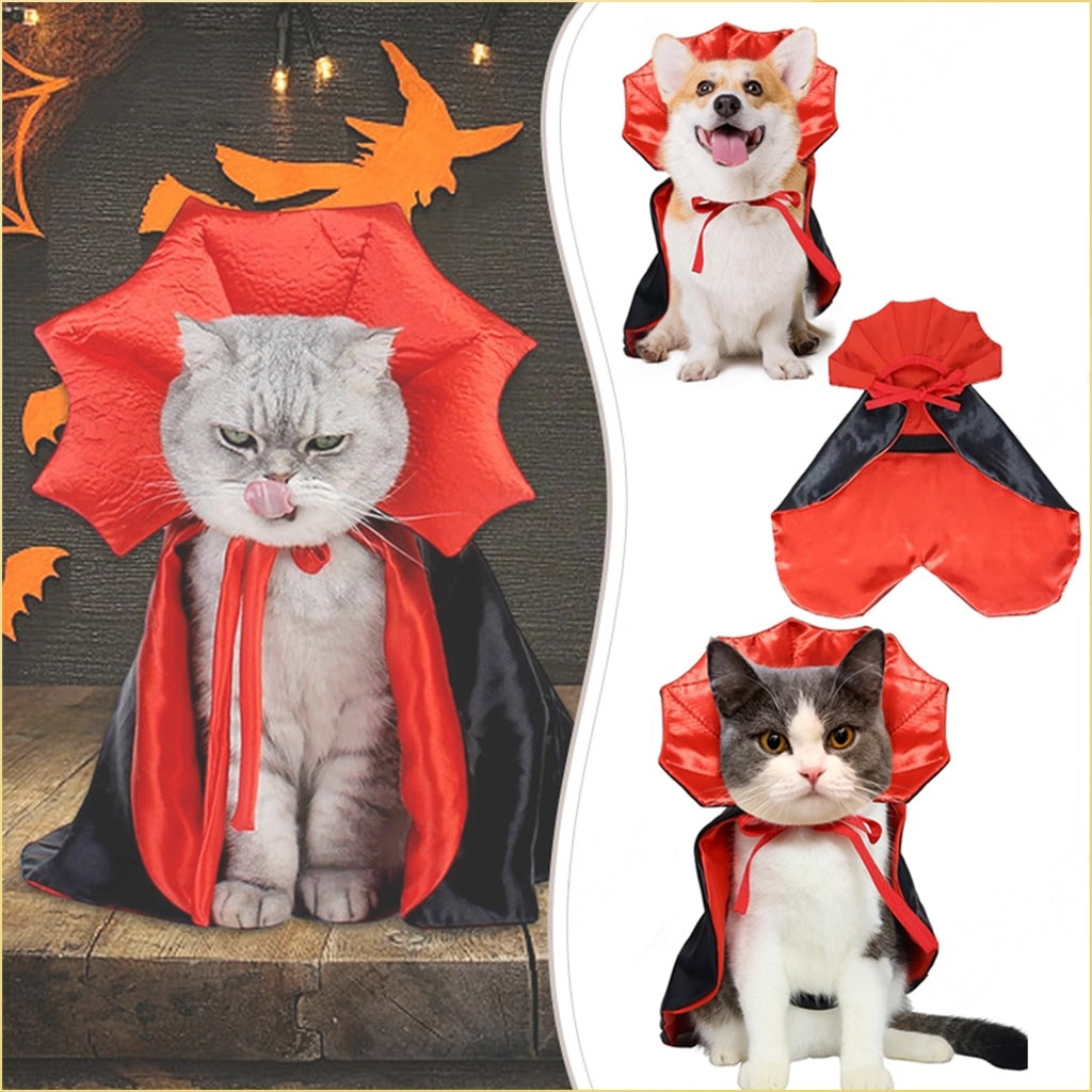 Vampire pet cloak costume for small dogs and cats, red bat collar with black cape