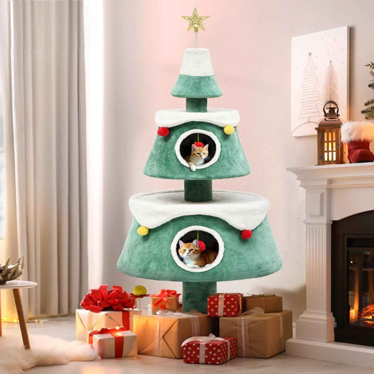 Green Christmas cat tower with two white-trimmed enclosed houses and a star topper