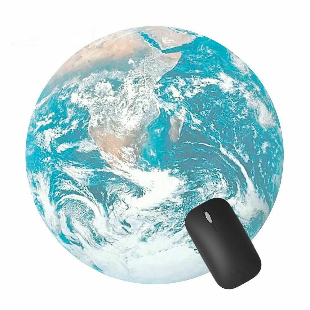 Round Earth-style map mouse pad in blue and green with black mouse on top