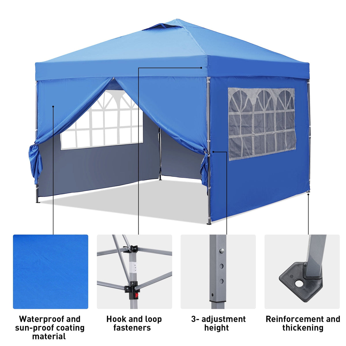 Blue pop-up canopy tent with sidewalls, zip doors, and screened window panel