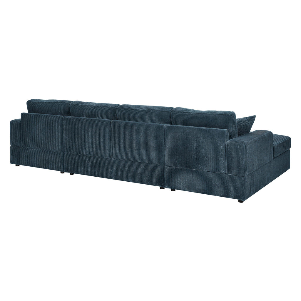 Blue corduroy double chaise sectional sofa with wide chaise seating