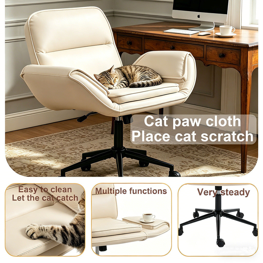 Beige upholstered swivel desk chair with cushioned armrests and rolling casters, cat in seat.