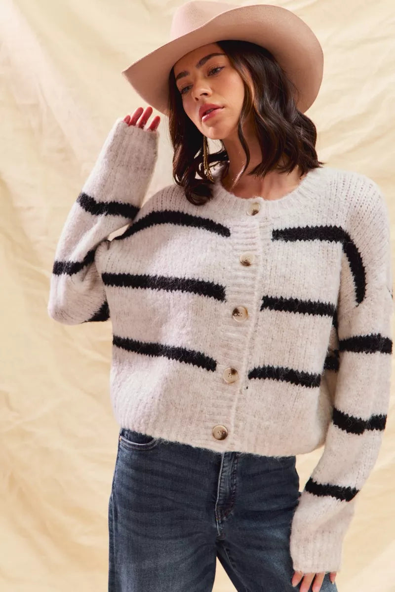 Cream striped button cardigan with long sleeves and black horizontal stripe detailing
