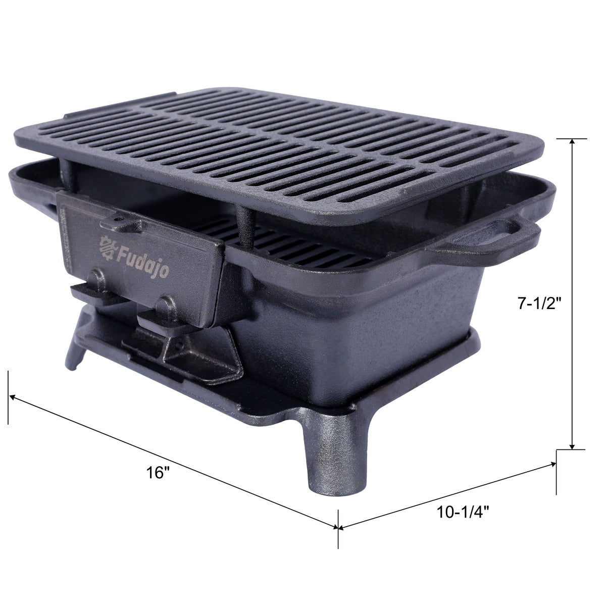 Charcoal oval cast iron tabletop grill with ribbed grate, 16 in size, Fudajo