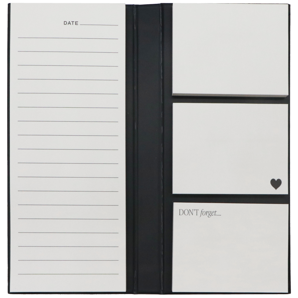Open notes booklet showing a lined page and three white sticky note blocks with a heart icon.