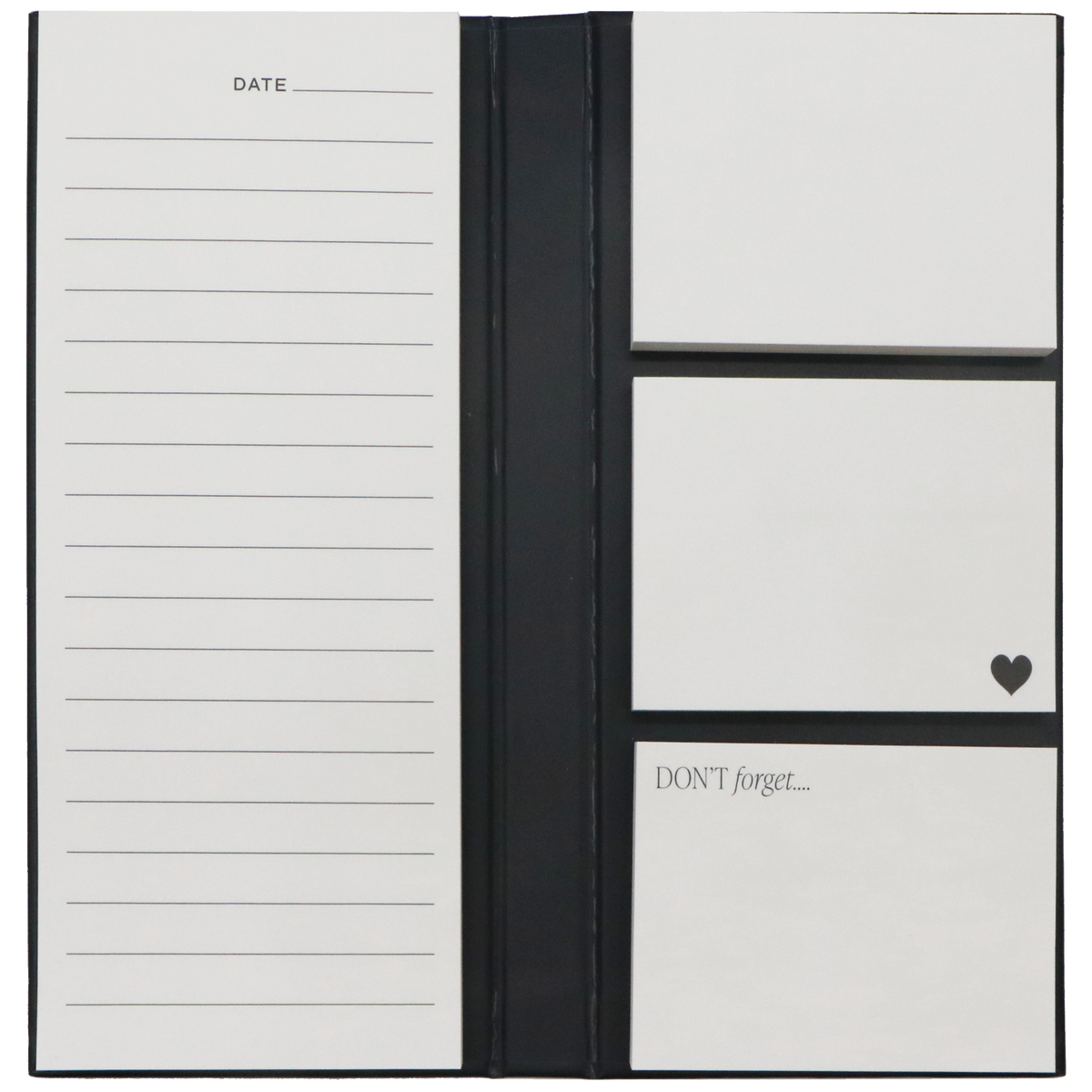 Open notes booklet showing a lined page and three white sticky note blocks with a heart icon.