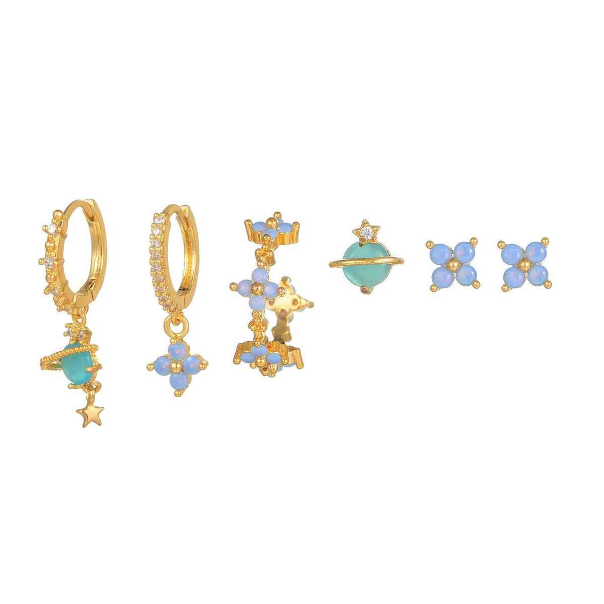 6-piece gold-tone blue flower ear stud and drop stacking earring set with zircon