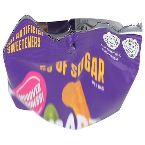 Smartsweets gummy worms bag, purple pouch showing “5g of sugar” design