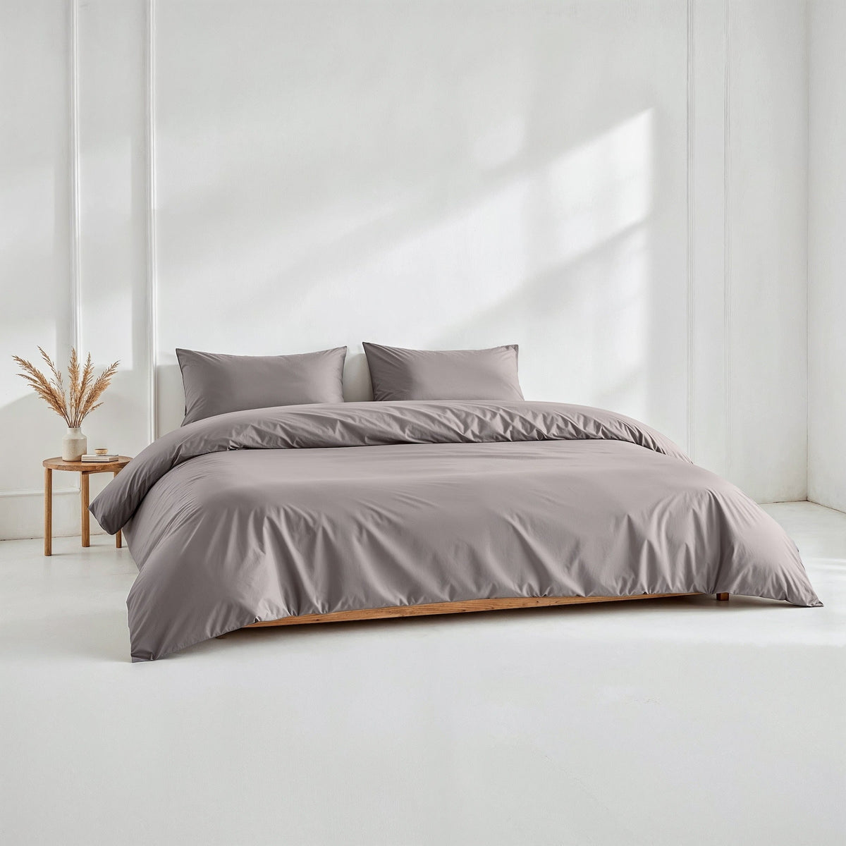Gray sateen bedding bundle with two pillow shams and matching duvet