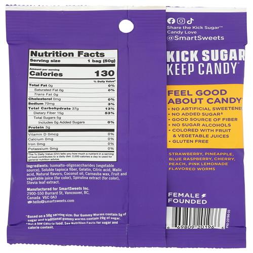 Smartsweets gummy worms candy pouch back with nutrition facts and barcode