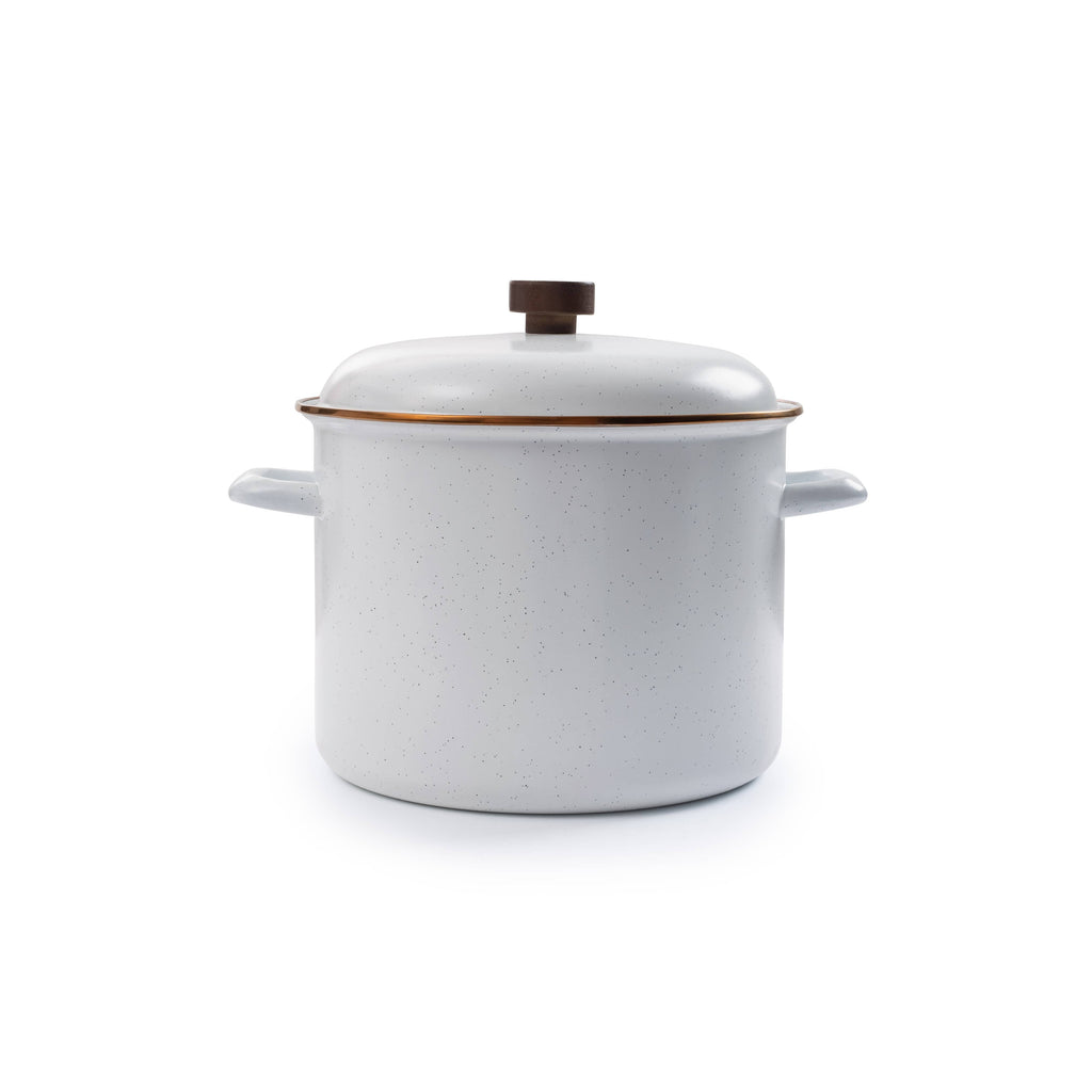Enamel stock pot with lid, white enamel body, wood-look knob, side handles