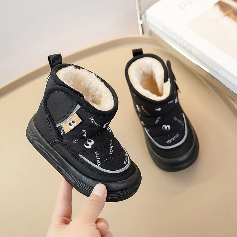 Kids winter ankle boots, black with cartoon graphics, thick sole, fleece-lined cuffs