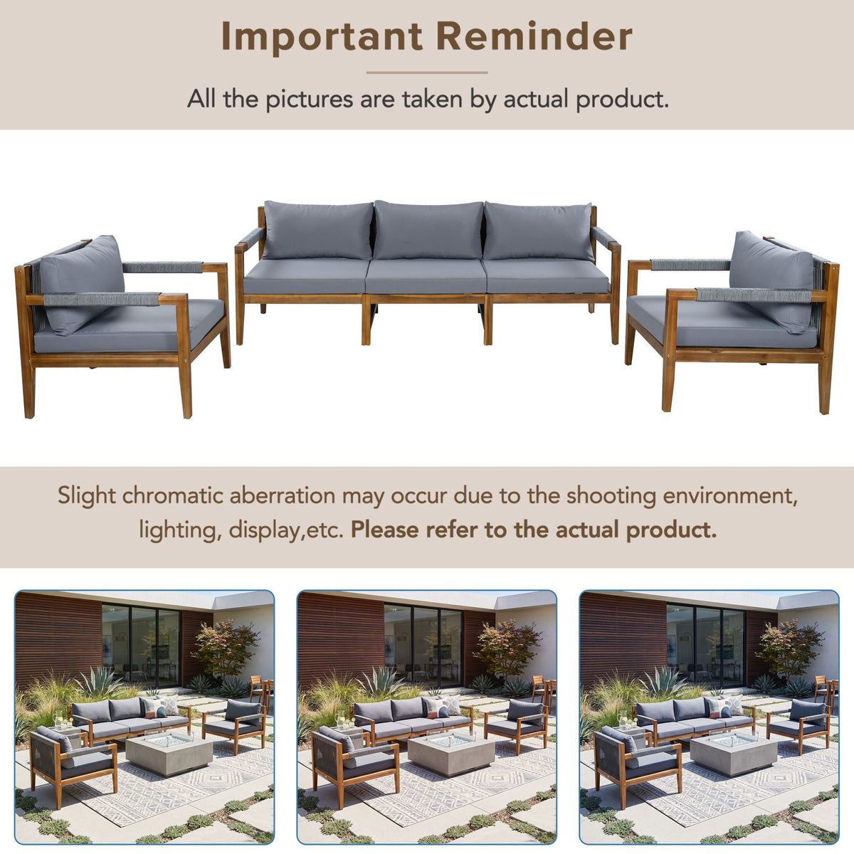 Outdoor sectional sofa set with acacia wood frame, gray cushions, rope back, two chairs