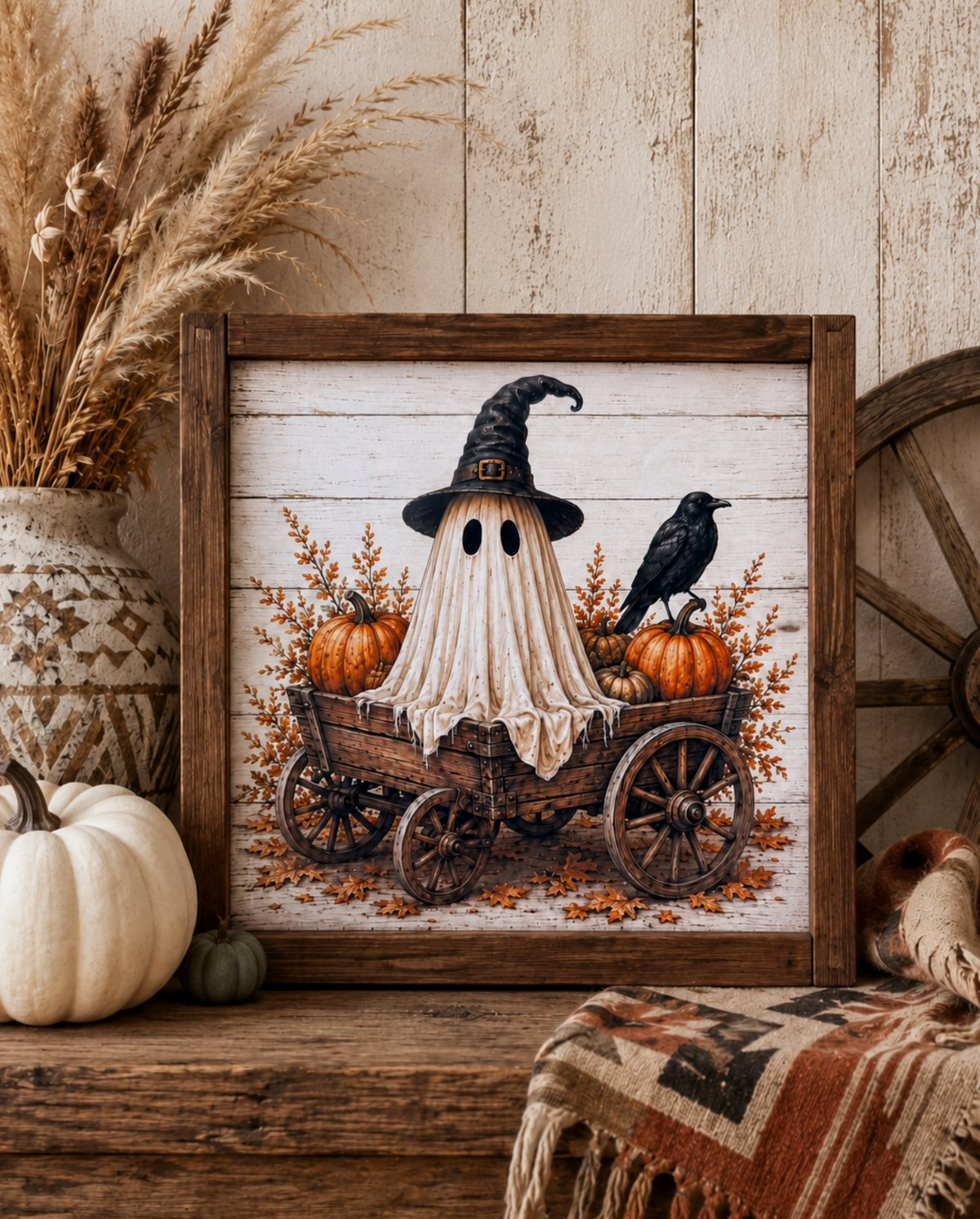 Framed wood sign with smiling ghost in wagon, pumpkins, and crow