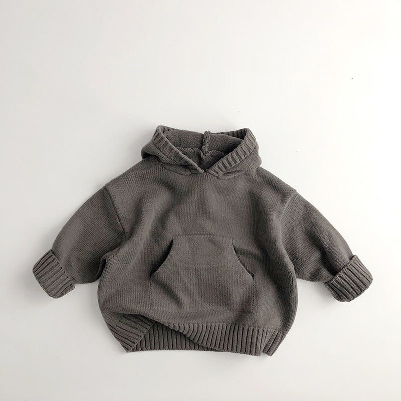 Children's dark gray knit hoodie with hood, kangaroo pocket, and ribbed cuffs and hem