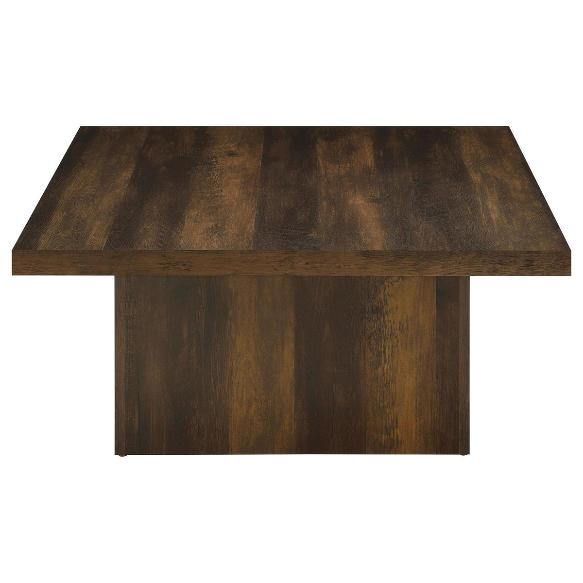 Square dark pine engineered wood coffee table front view with flat tabletop