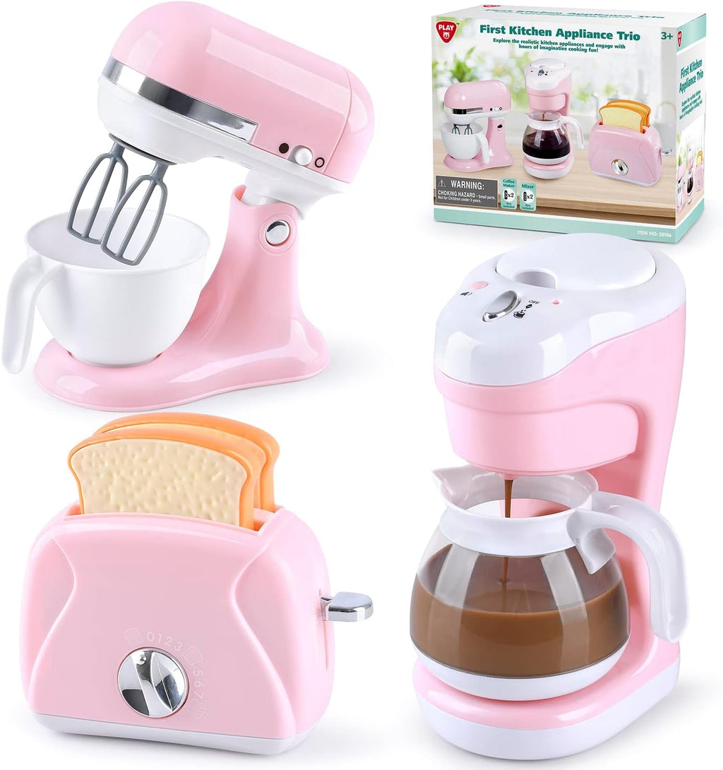 Pink-and-white kitchen appliance trio: stand mixer, coffee maker, and toaster