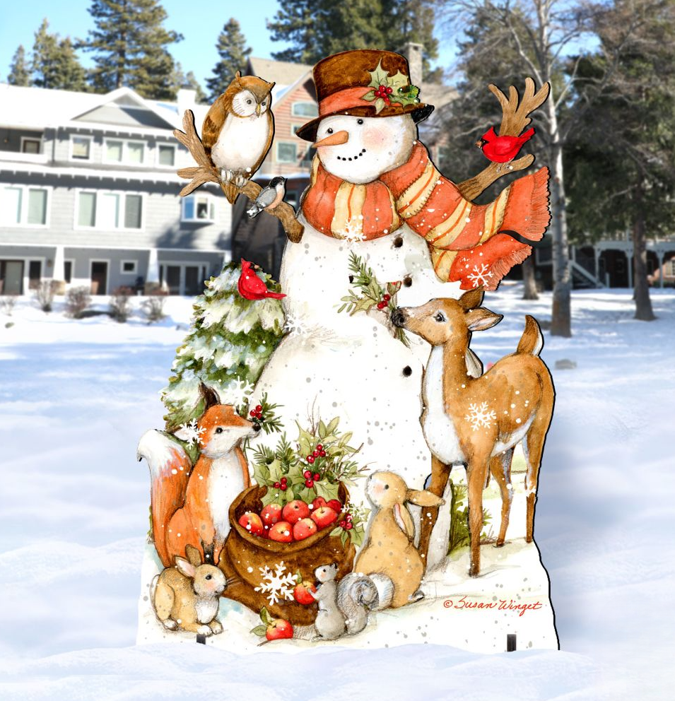 Christmas yard sign with snowman, orange coat, reindeer and small forest animals