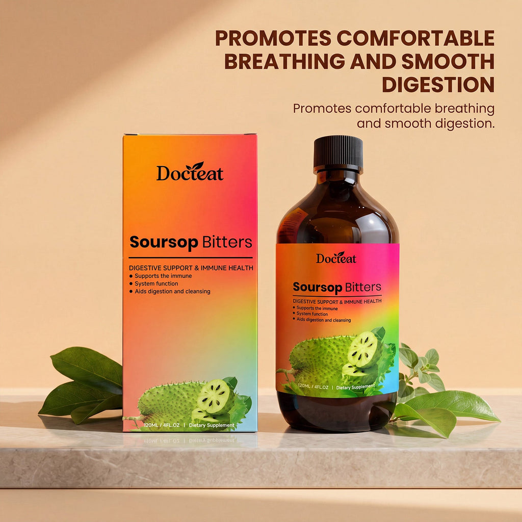Soursop bitters supplement box and bottle with soursop fruit and leaf accents