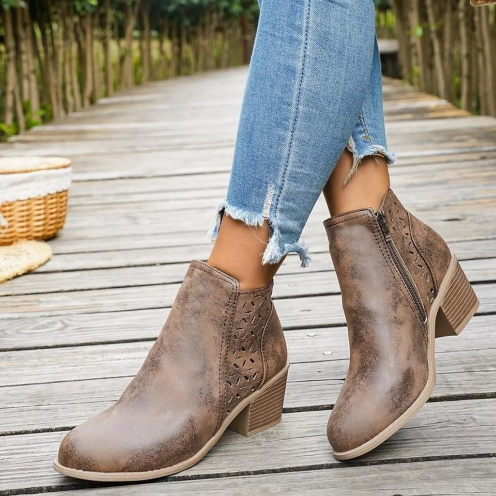 Taupe block-heel ankle boots with side zipper and cutout decorative panel