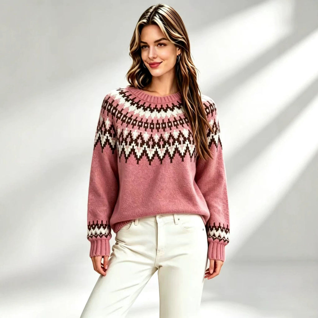 Women’s Fair Isle knit crew-neck sweater in mauve pink with multicolor yoke pattern
