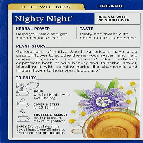 Traditional Medicinals Nighty Night tea box panel with brewing instructions and plant details
