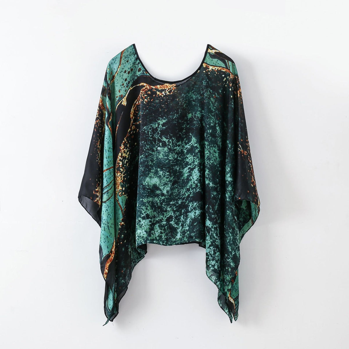 Deep green velvet-look pullover shawl cover-up with teal and black printed panels