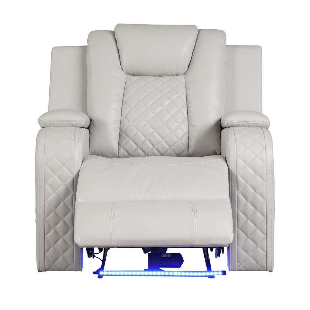 Light beige LED power recliner chair with quilted side panels and blue LED light strip