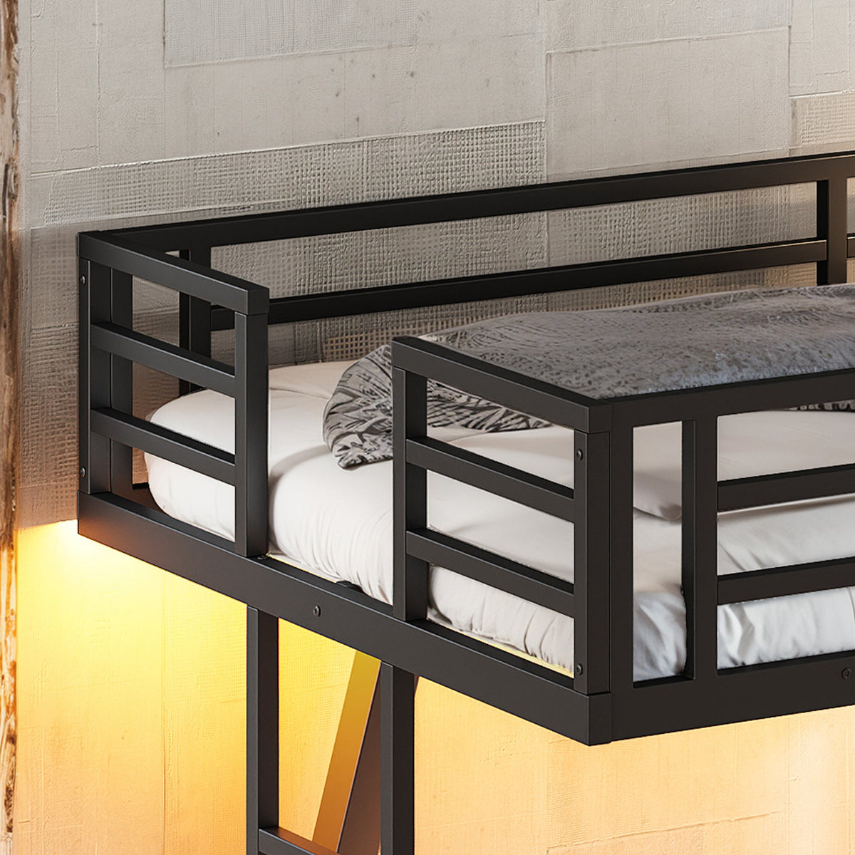 Close-up of upper bunk guardrails and metal frame