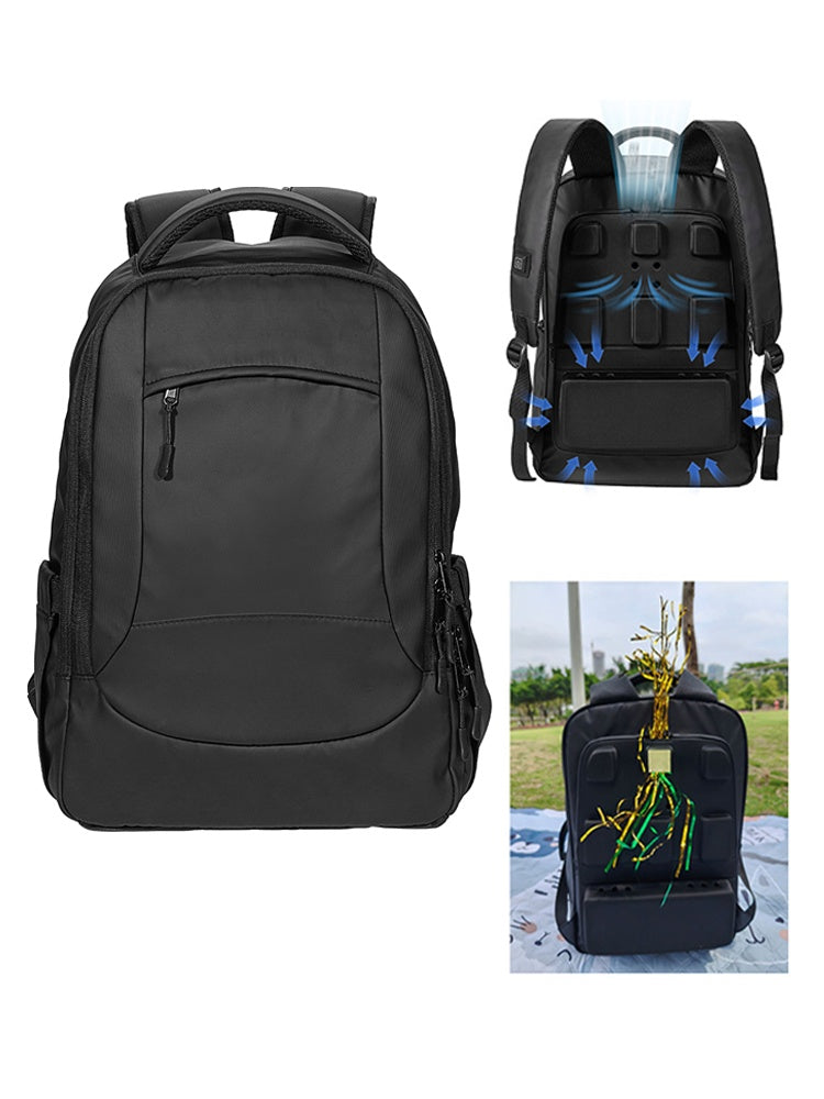 Black backpack front and rear views with cooling airflow vents and side pockets