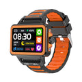 Black smartwatch with orange silicone strap and color display, sports-style case