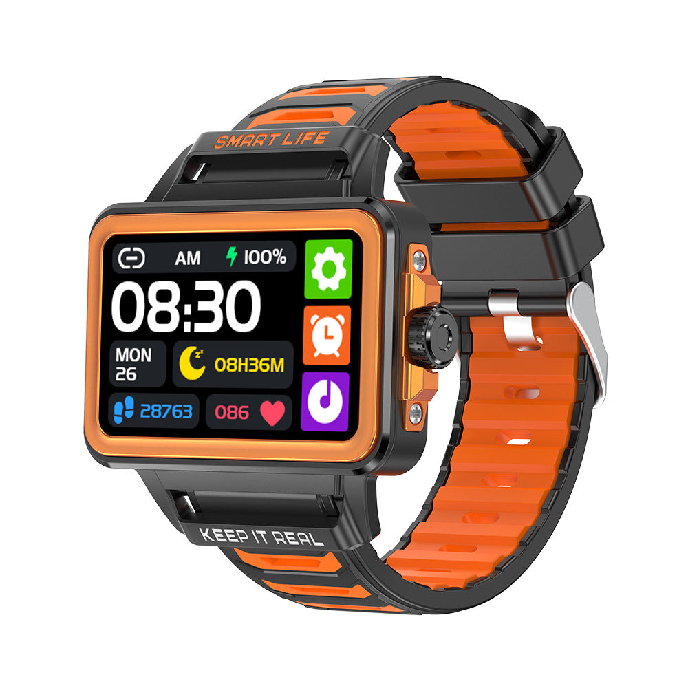 Black smartwatch with orange silicone strap and color display, sports-style case