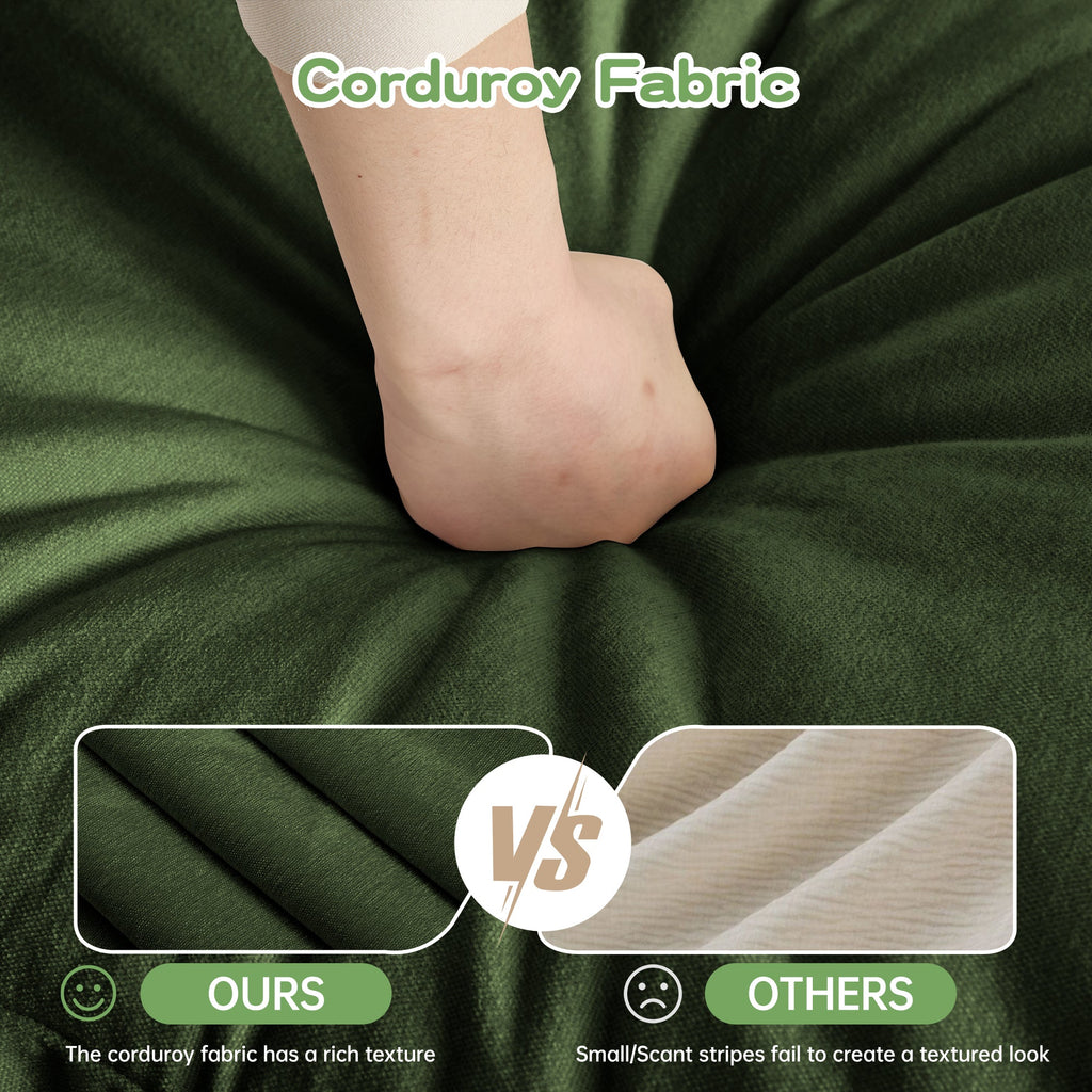 Green corduroy-look slipcover fabric with plush cushion folds and stitched texture