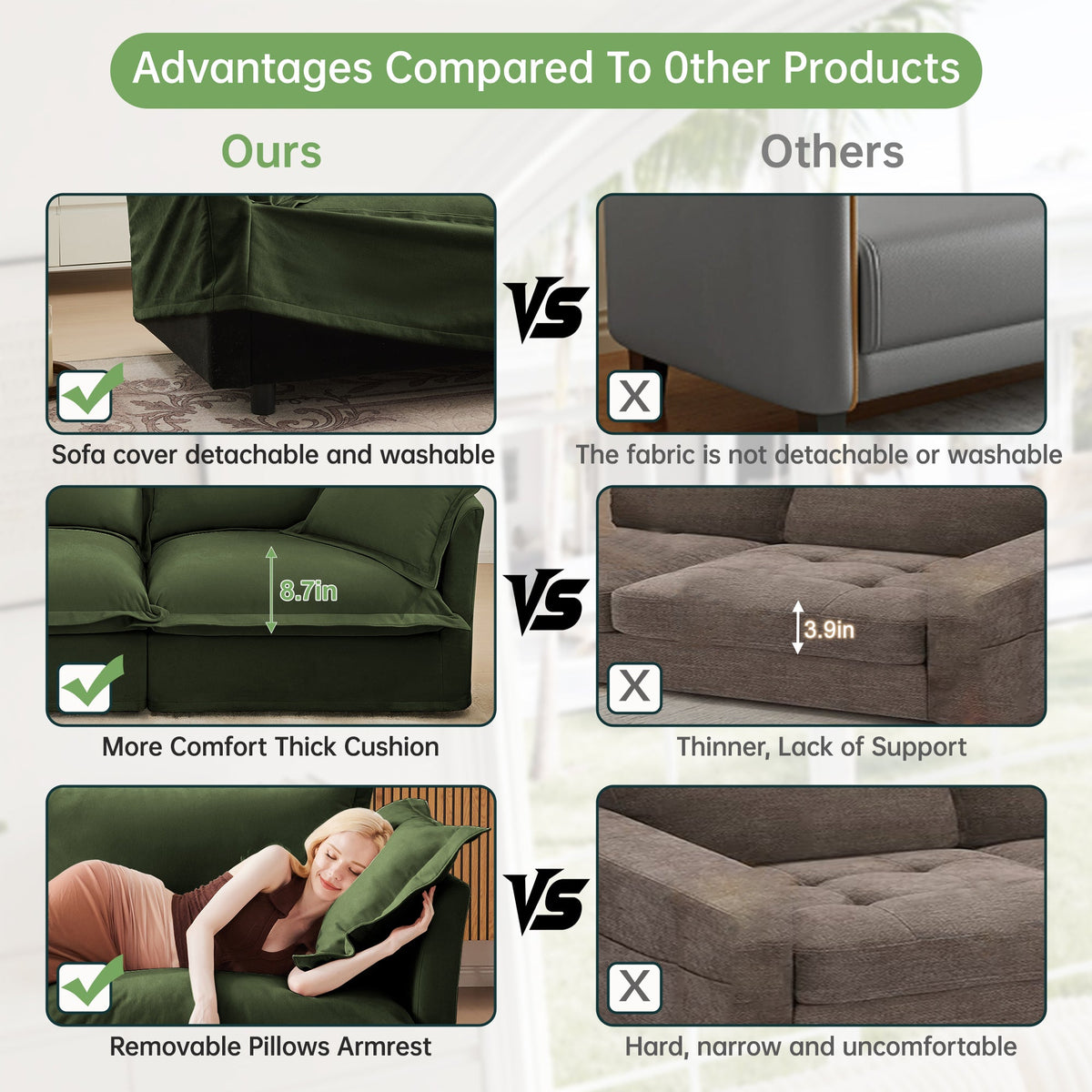 Green slipcovered sectional sofa with thick cushions and removable-style pillow back