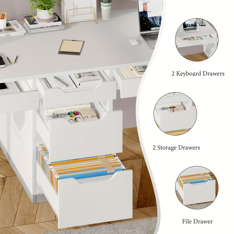White desk with two keyboard drawers, storage drawers, and file drawer.