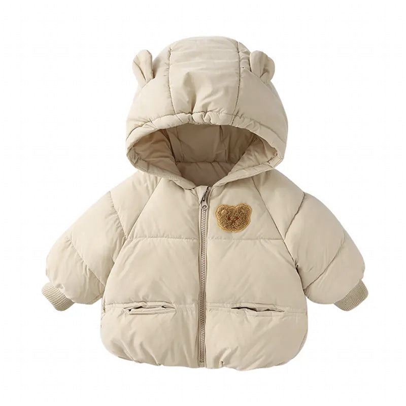 Apricot baby winter cotton-padded jacket, hooded, full-zip with teddy applique