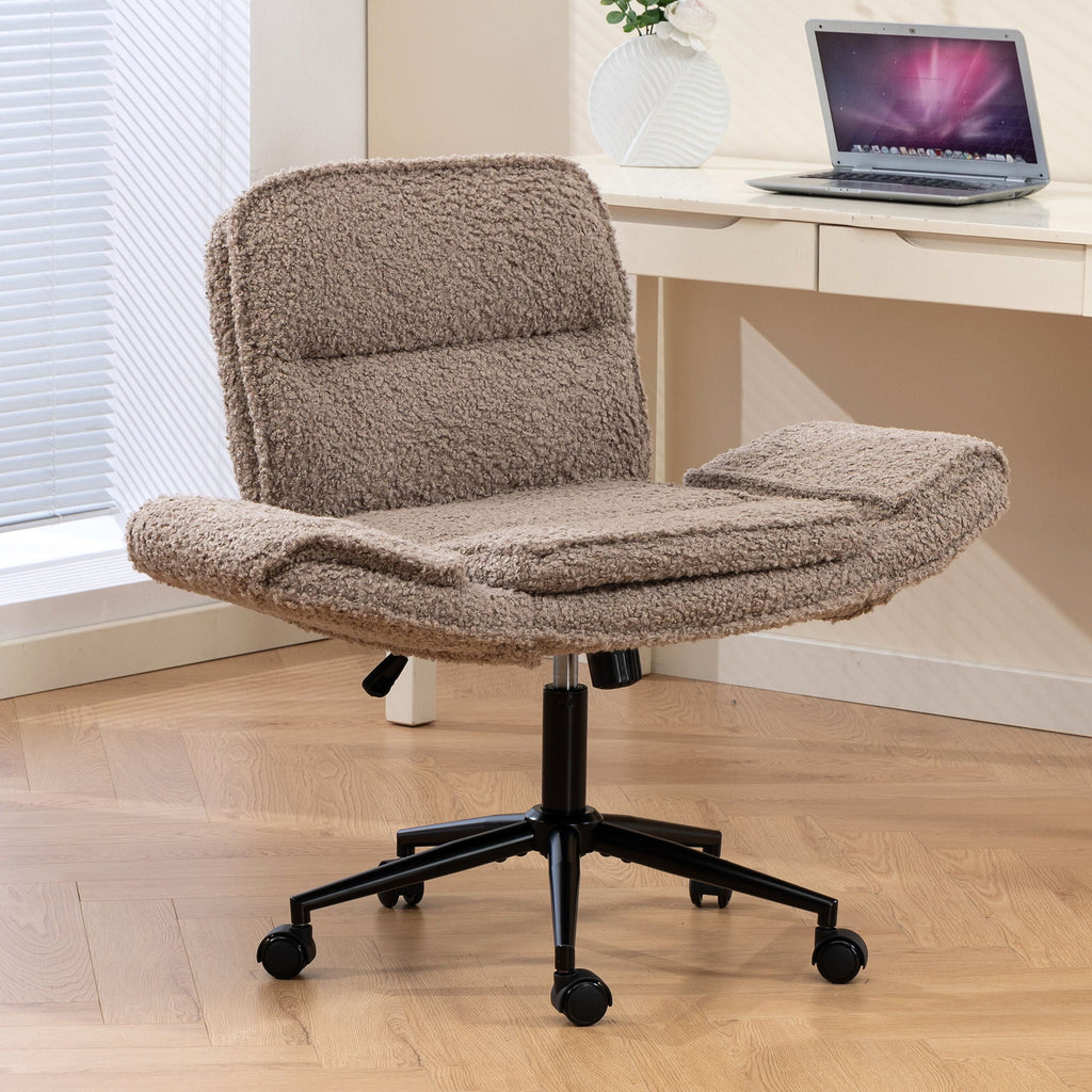 Dark brown fabric swivel desk chair with padded seat, curved back, and rolling casters.